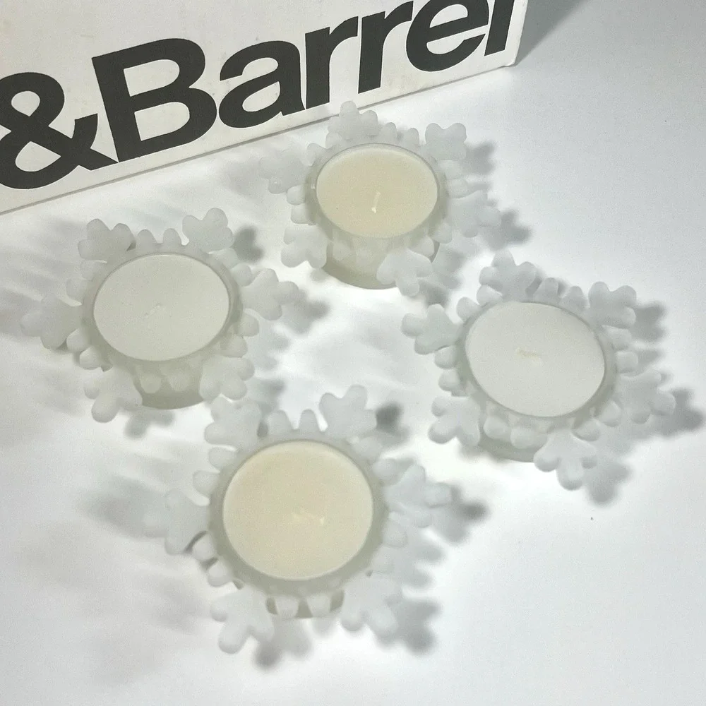 Crate‎ & Barrel Snowflake Frosted Glass Votive Candle Holders Xmas Set of 4 NOB
